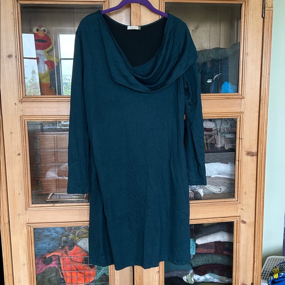Chalet Asymmetrical Cowl Neck Dress, Teal Blue, Long Sleeve, Knee Length